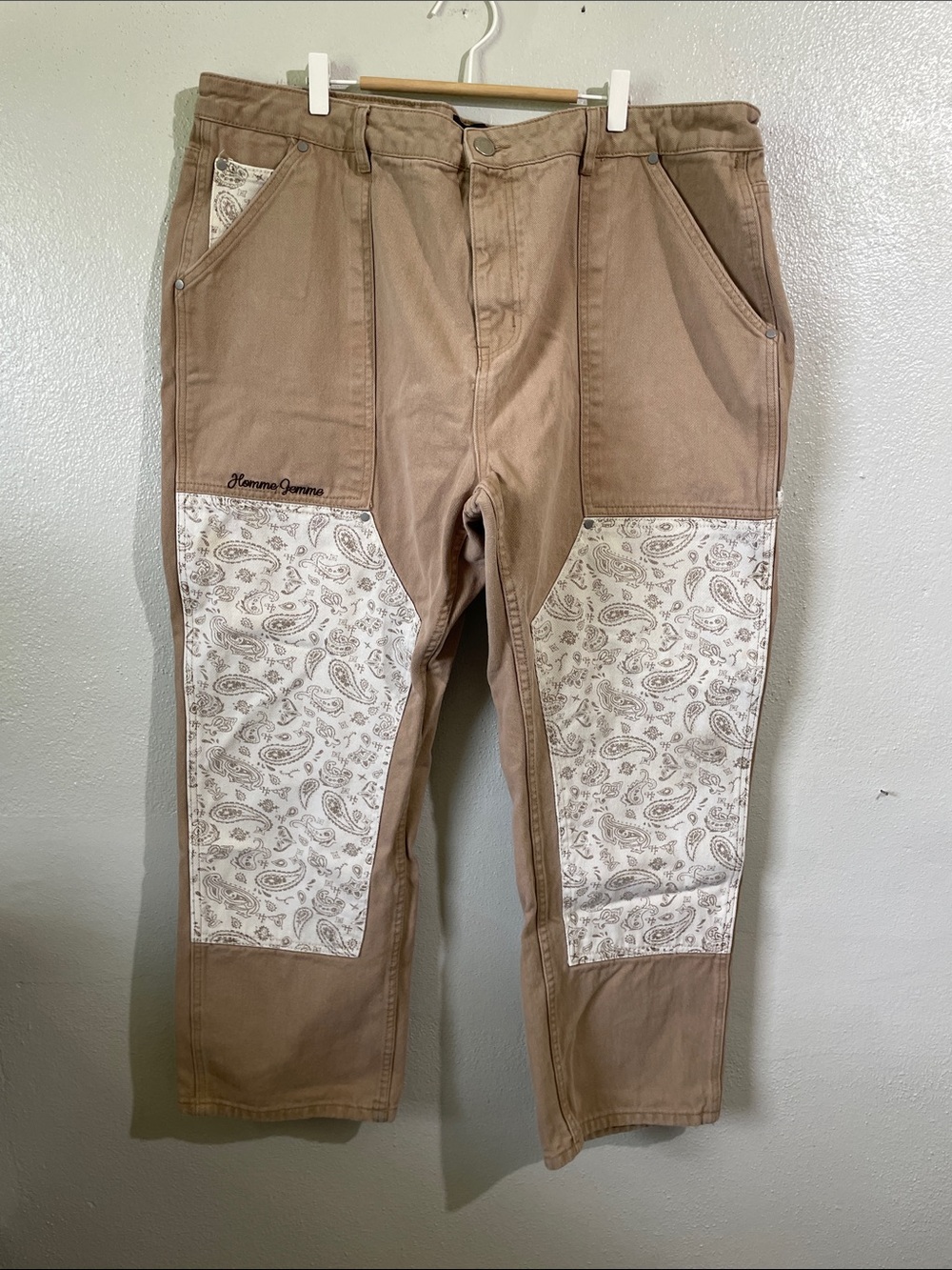 Homme Femme Y2K Urban Paisley Patchwork Denim Pants Skater Sz 42 Streetwear